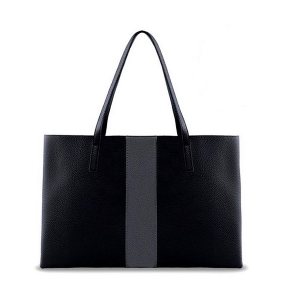 Vince Camuto Black Vegan Leather Tote with Gray Stripe - Picture 3 of 13